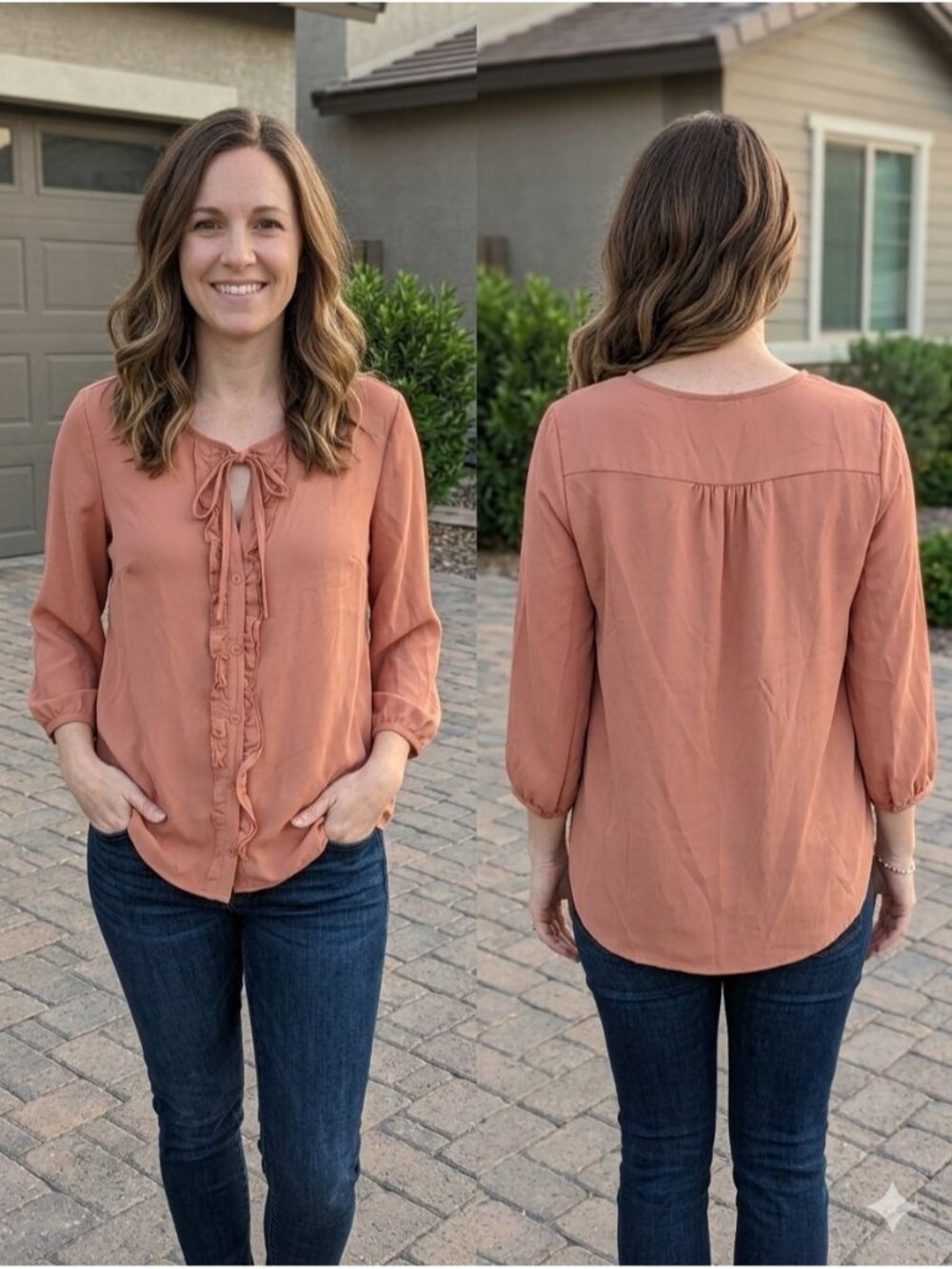 XXI Essentials Peach Ruffle Front Tie Neck Blouse Top Large Boho Feminine Woven